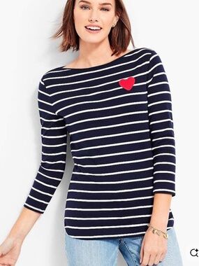 Talbots Navy Cotton Striped Boatneck Heart Patch Boater Nautical Coastal Tee 1X